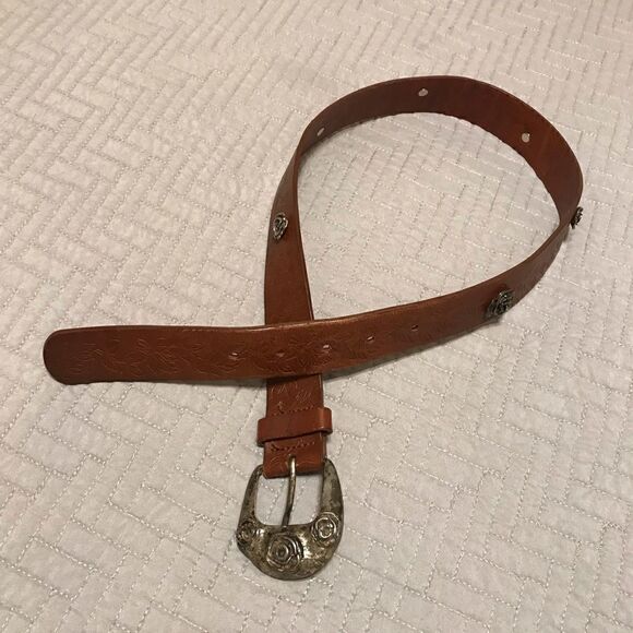 Leather Tack Belt with Silver Flowers and Embossed Leather - Picture 3 of 12